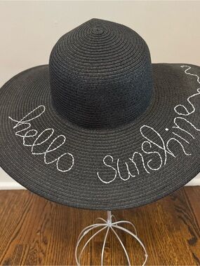 J. Crew Black Wide-Brim Straw Sun Hat with White 'Hello Sunshine' Embroidery
